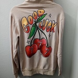 Beige Hoodie with Cherry Graphic 777 Mens Small